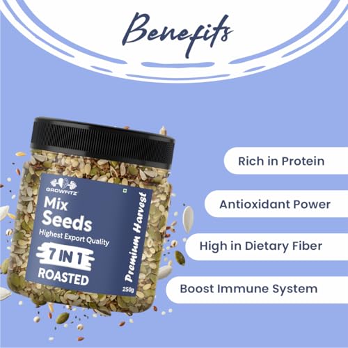 Image of Growfitz 7-in-1 Super Seed Mix | Pack of 3 (250g Each)| 24.4g High Protein & Fiber | Roasted Pumpkin, Sunflower, Flax, Chia, Soy Nuts & Sesame | Healthy Snack |