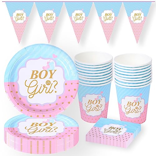 Baby Shower Plates Napkins Cups for 16 Guests Tableware for Party Gender Reveal Disposable Dishes with Bunting