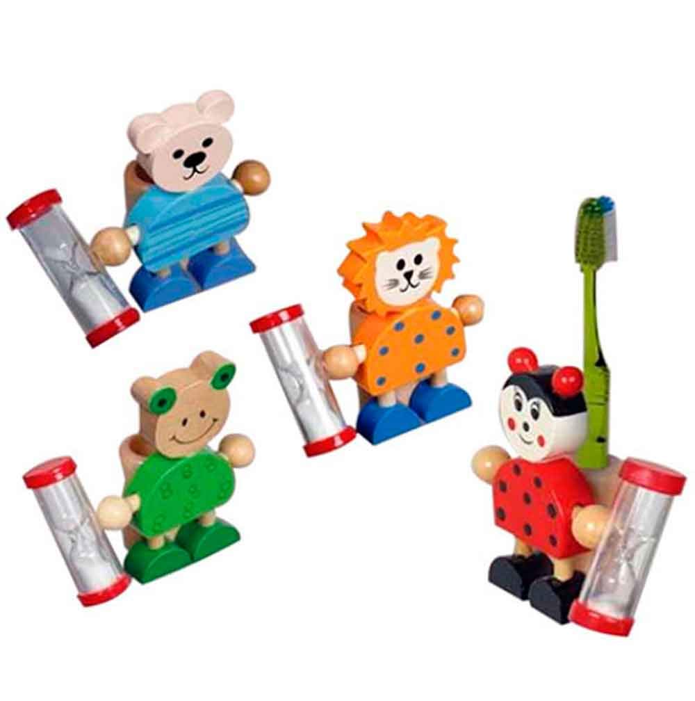 Portacepillos de Dientes Infantil en Madera, animalitos con Reloj de Arena. Lote 8 Unidades.Regalos para cumpleaños