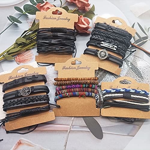 Sonnyx 27 Pcs Braided Leather Bracelet For Men Women Cool Woven Wrist Cuff Bracelets Hemp Cords Wooden Beads Ethnic Tribal Handmade Wrap Adjustable Wristband Bracelets #TOP6