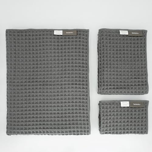 KOSMU Luxury Organic Japanese Cotton Waffle Bath Towel | Thick, Absorbent, Quick Dry Bathroom Towels for Shower, Sauna, Onsen| Hotel & Spa Quality, Gift-Ready (Smoke Grey, Bath Towel Set (3-Piece))