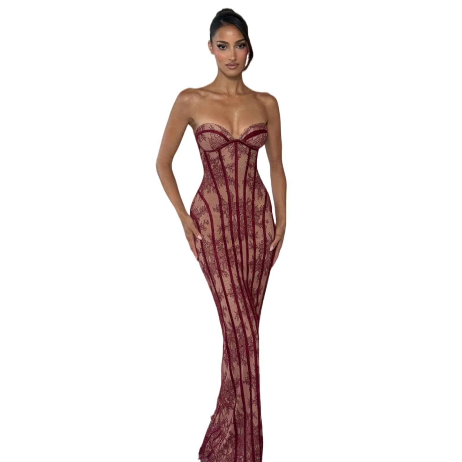 Vestito Donna Elegante Pizzo Maxi Abito Senza Spalline Tesoro Scollo Sottile da Sera in Vita per Festa Formale-Black-s