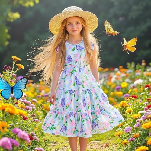 Girls Dress, Summer Clothes Flutter Sleeve, Elastic Waist, A-Line, Casual, for 7-14 Years Kids3
