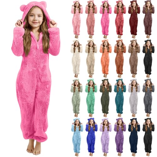 Image of Kids Girl Animal Halloween Onesie Sherpa Fleece One Piece Romper Teddy Bear Jumpsuit Hooded Fuzzy Long Sleeve Snowsuit Winter Cute Fluffy Fleece Pyjamas Sleepsuits (Hot Pink-b, 8-9 Years)