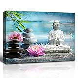 The Melody Art Zen Office Decor Buddha Statue Lotus Flower Bamboo and Zen Stone on Wooden Wall...
