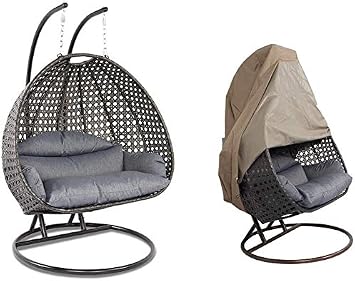 Island Gale Luxury 2 Person Outdoor, Patio, Hanging Wicker Swing Chair 2 Person X-Large-Plus, Charcoal Rattan/Charcoal Cushion with Free Cover $128 Value