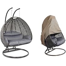 Island Gale Luxury 2 Person Outdoor, Patio, Hanging Wicker Swing Chair 2 Person X-Large-Plus, Charcoal Rattan/Charcoal Cushion with Free Cover $128 Value