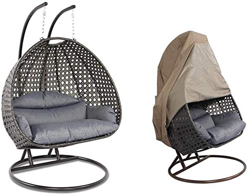 Island Gale® Luxury 2 Person Outdoor, Patio, Hanging Wicker Swing Chair 🎄🎄🎄🎄🎄🎄🎄🎄🎄🎄🎄🎄 ((2 Person) X-Large-Plus, Charcoal Rattan/Charcoal Cushion With Free Cover $128 Value) #TOP21