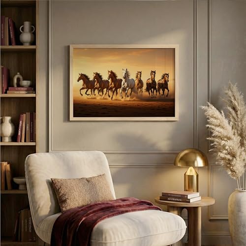 Image of 7 White Horse Vastu Wall Painting - Running Horses Golden Sunrise Desert Framed Wall Art for Living Room & Office Decor (Natural, Design 04, 10x13 Inch)