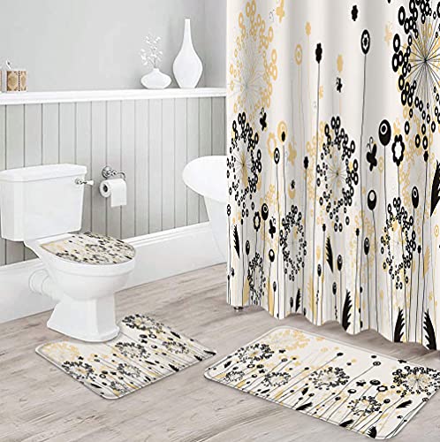 ZDDWLDL 4Pcs Duschvorhänge Set Mit Rutschfesten Teppichen,Toilettendeckel und Badematte Weiße Schwarze Khakiblüten…