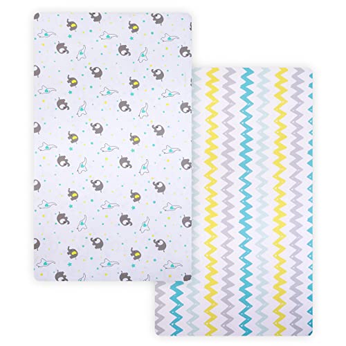 Pack N Play Sheets, 2 Pack Mini Crib Sheets Fits Standard Size 38" X 26" Playard Mattress, Soft And Stretchy, Playard Fitted Sheet, Colorful Stripe & Elephant #TOP1