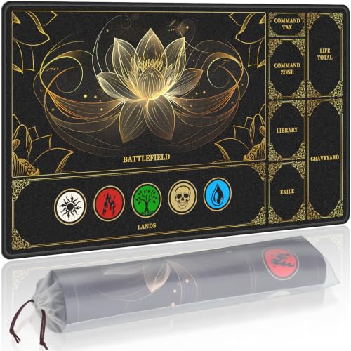 NiHome Playmat Compatible with MTG Magic The Gathering 24 x 14 Inch - Non-Slip Rubber Base Stitched Edges Card Zones & Protective Storage Sleeve (Lotus Pattern)