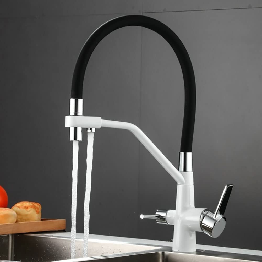 HLTYGWX Rubinetto Filtro Acqua da Cucina 3 in 1 con spruzzatore Estraibile Rubinetto Miscelatore Caldo e Freddo a Doppia Maniglia per lavello da Bar di Acqua Potabile Bianco