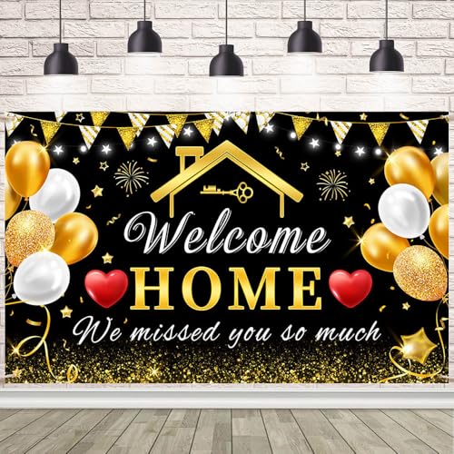 AIBIIN Welcome Home Banner Decorations Black Gold Welcome Home Backdrop, We Missed You So Much Party Decor, Family Reunion Patriotic Military Homecoming Returning Party Supplies 70.8x43.3 inch