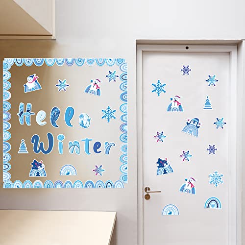 112 Pcs Winter Bulletin Board Cut Outs Hello Winter Rainbow Themed Bulletin Board Decorations Christmas Snowflake Snowman Cutouts Set Trim Borders for Kids Home School Classroom Decor