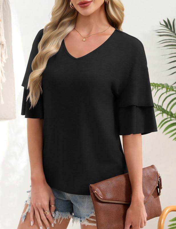 3/4 Length Sleeve Womens Tops Summer V-Neck Blouses Spring Ruffle Sleeve Tunic Casual T Shirts Bell Sleeve Cute Tee - Image 3