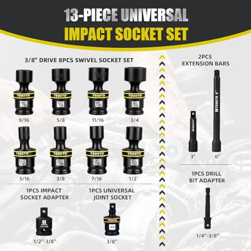 Image of 13 PCS 3 /8-Inch Drive Swivel Socket Set, SAE Universal Impact Socket Set, 6-Point, 5 /16 inch-3 /4 inch, CR-MO Flexible Wobble Sockets,with 3 inch 6 inch Extension Bars and Adapter