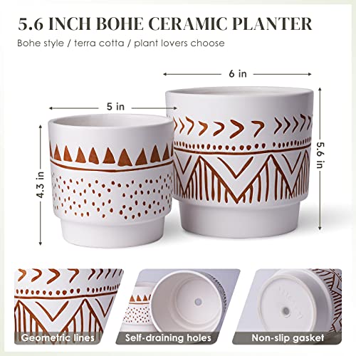Geometric-Ceramic-Planters-6-Inch-Hand-Painted-Ceramic-Embossed-Plant-Pots-with-Drainage-Holes-2-Set-Boho-Minimalistic-Planters-for-Indoor-and-Outdoor-PlantsBeige-Brown