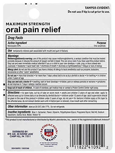 Rite Aid Maximum Strength Oral Pain Relief – 0.33 Fl Oz, Benzocaine 20% | Instant Mouth Pain Relief Medications & Treatments | Gel Anesthetic #TOP1