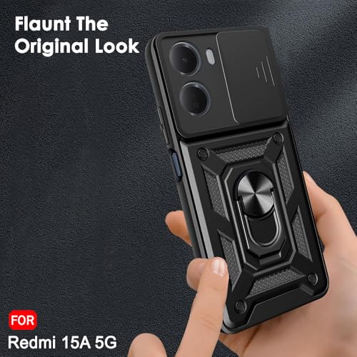 Image of TheGiftKart Tough Armor Bumper Back Cover Case for Mi Redmi 15A 5G | Kickstand & Ring Holder | 360 Degree Protection Back Cover Case for Redmi 15A 5G (PC & TPU, Sliding Camera Cover, Black)