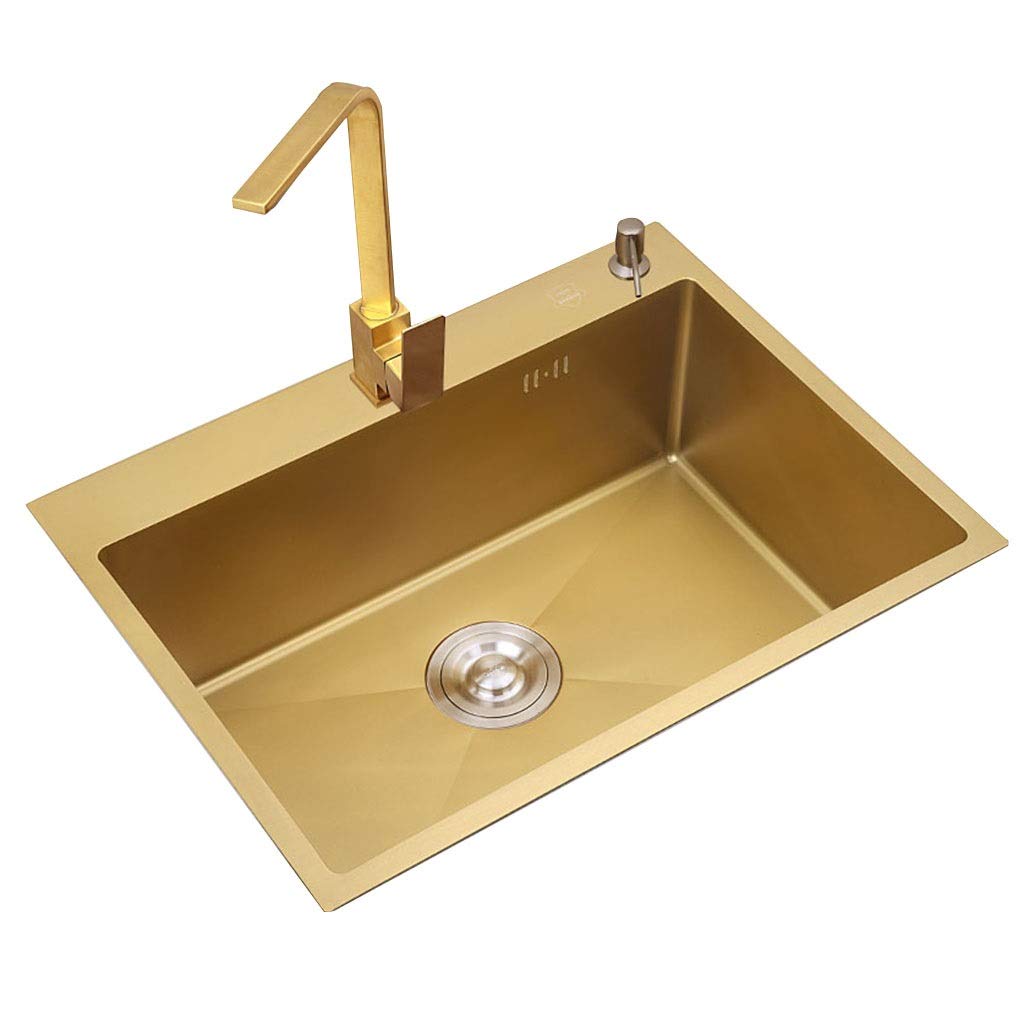 ZQFHSX Kitchen Sinks Restaurant Sink Nano Gold 304 Stainless Steel Square Single With Hot And Cold Water Faucet (Color : Gold, Size 68 * 45cm)