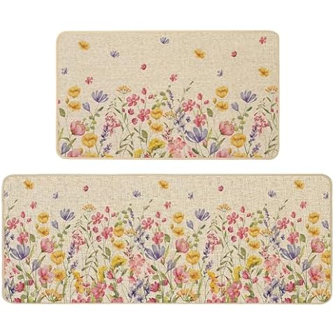 Baccessor Spring Kitchen Mats Set of 2, Wildflowers Floral Kitchen Rugs for Floor Non Slip Absorbent Low-Profile Seasonal Farmhouse Home Decor 17x29 and 17x47 Inch Cover