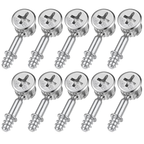 10Pcs Furniture Connecting Fittings and 10Pcs Cam Locks for Cabinets Furniture Cam Lock Fasteners Thread Bolts Dowel Screws Furnitures Connector Bolts for Drawer and Wardrobe Silver (28Mm Screw)