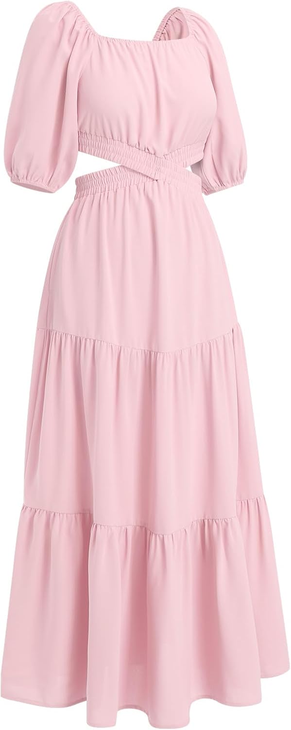 AWIBMK Mommy and Me Dresses Square Neck Solid Color Ruffled Dress with Pockets Summer Cutout Waist Tiered Matching Outfits - Image 4