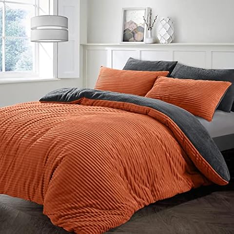 Velosso Teddy Cord Plush Cosy Reversible Corduroy Fleece Duvet Cover Quilt Bedding Set with Pillow Case Thermal Warm Fluffy Super Soft (Orange / Charcoal, Double) Cover
