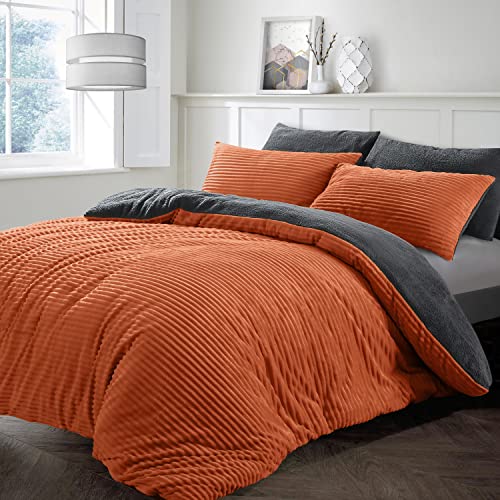 Velosso Teddy Chunky Cord Plush Cosy Reversible Corduroy Fleece Duvet Cover Quilt Bedding Set with Pillow Case Thermal Warm Fluffy Super Soft (Orange/Charcoal, Double)