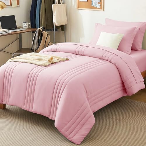 Image of CozyLux Twin XL Comforter Set Pink - 5 Pieces Bed in a Bag, Modern Vertical Quilted Room Decor, Soft All-Season Bedding Gift with Comforter, Sheets, Pillowcase & Sham