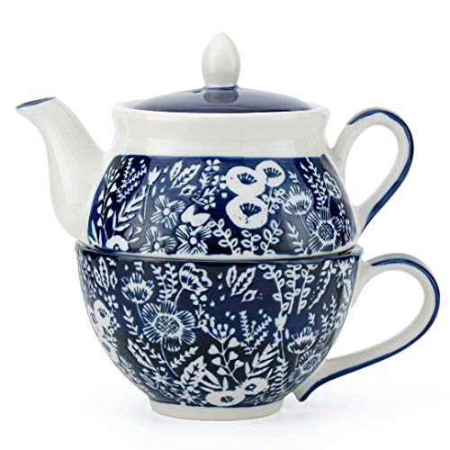 Taimei Teatime Hand Painted Tea for One Set, Ceramic Tea Pot(11 fl oz) and Cup Set with Infuser for Loose Leaf Tea, Blue and White