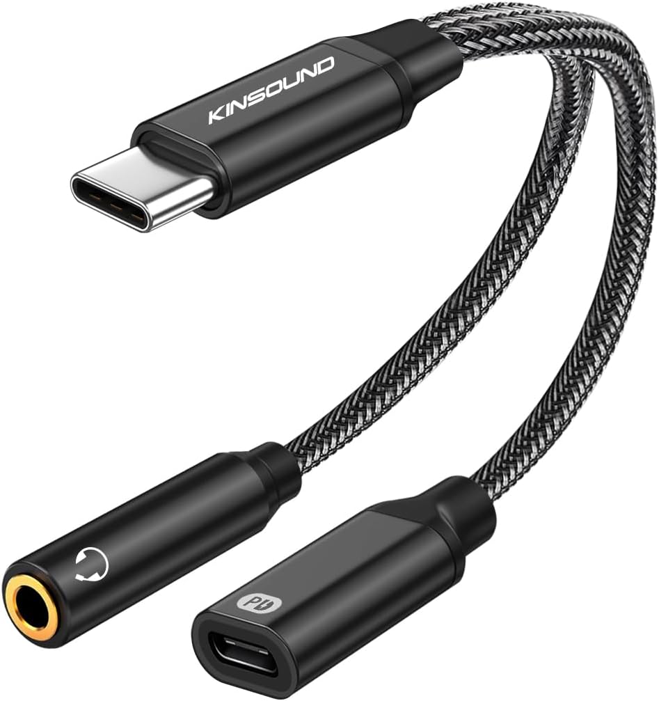 Kinsound Type C to 3.5 mm Jack Connector, USB C to 3.5mm Audio Adapter & Fast Charging for Samsung S21/S20 +/S20 Ultra/Note20, Pixel 2/2XL/3/3XL/4, iPad Pro 2018 2020/Air 4/Mini 6, Black