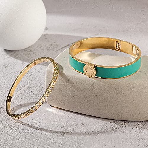Ciunofor Cubic Zirconia Enamel Bracelet For Women Girls Vintage Pop-Art Colorful Cuff Bangle Stainless Steel Gold Plate Tone Wide Band Handmade Jewelry (Turquoise) #TOP5