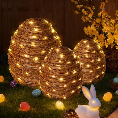Geelin 3 Pcs Easter Decorations Rattan Egg Outdoor Lighted Wicker