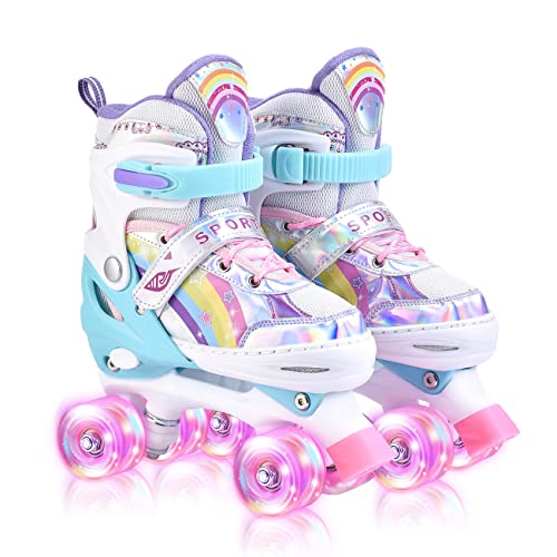 YUDOXN Roller Quad Enfant Filles et Garçons Avec 8 Roues Lumineuses - Ajustable Taille Réglable (31-42) (S, SKK-Rose)