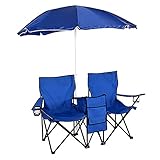 Crazyworld Double Folding Chairs with Removable Umbrella Table Cooler Bag Fold Up Steel Construction Dual Seat for Outdoor Patio Garden Picnic Lawn Beach Camping Fishing,Blue (Compact Size)