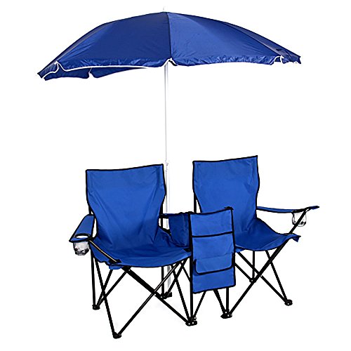 Crazyworld Double Folding Chairs with Removable Umbrella Table Cooler Bag Fold Up Steel Construction Dual Seat for Outdoor Patio Garden Picnic Lawn Beach Camping Fishing,Blue (Compact Size)