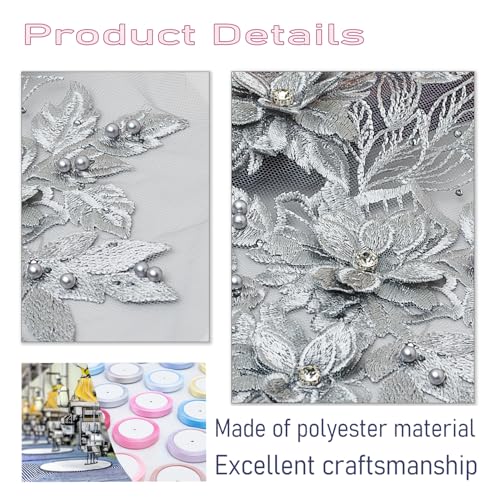 Aplique de encaje con diamantes de imitación bordados 3D Silvora plata 6
