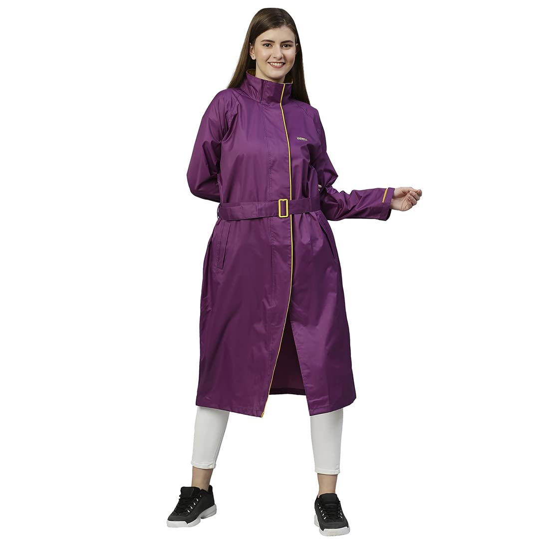 ZEEL Ladies High Neck Raincoat Waterproof Long Raincoat with Belt