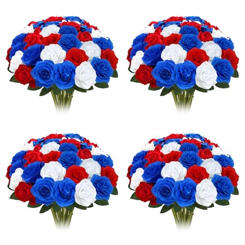 Fairblo 100 Pcs Artificial Red White and Blue Patriotic Flowers 4th of July Fake Silk Roses with Long Stems for Table Centerpieces Memorial Day Party Home Outdoor Decor