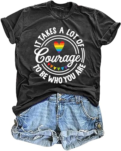 Pride Shirts for Women Gay Pride T-Shirt Proud Rainbow Shirt Courage LGBT Shirt Equality Top Short Sleeve Tees(Darkgrey, Medium)