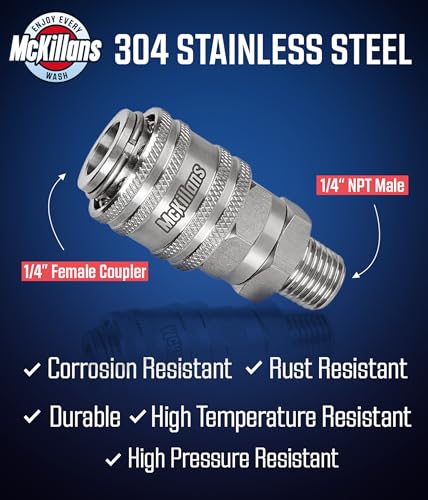 Image of McKillans 1 /4 inch Nozzle Automatic Quick Connect Fittings - Stainless Steel 1 /4 inch NPT Male Quick Connect Couplers - Coupler for Pressure Washer Gun - Pack of 2