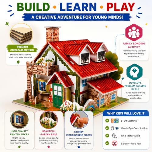 Image of 3D DIY Puzzle House Kit for Kids | Educational Build-Your-Own Cardboard Model House | Creative Construction & Jigsaw Activity Toy for Boys & Girls Ages 4-8 | Fun Learning Craft Set