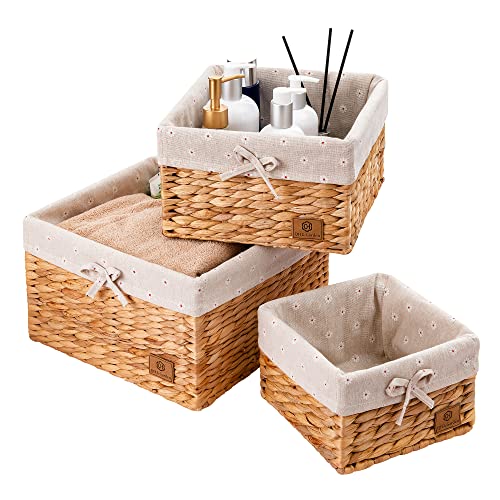 Qh & Garden Hand-Woven Water Hyacinth Storage Baskets For Organizing,Decorative Square Wicker Basket With Detachable Liner,Natural Seagrass Woven Organizer Baskets For Shelves(Set Of 3) #TOP11