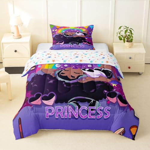 Image of Erosebridal Black Girls Comforter Set Magical African American Twin Bedding Set Rainbow Afro Pretty Girls Comforter Love Music Purple Girl Duvet Insert for Teens Kids Princess Cute Room Decor