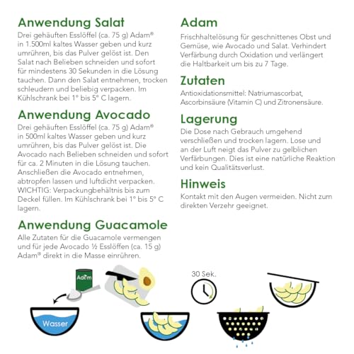 Adam Frischhaltelösung für Obst & Gemüse – hält Avocado, Salat und Guacamole bis zu 7 Tage frisch, verhindert Braunverfärbung, geschmacksneutral – Antioxidationsmittel, 850 g…