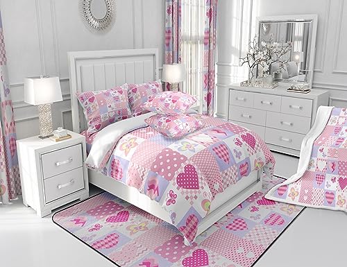 Loussiesd Girls Bedding Set and Pillow Set 135X200cm Pink Hearts and Butterflies Patchwork for Kdis Girls Duvet Cover Geometric Design Cot Bed Duvet Single Size with 1 Pillowcase - Image 4