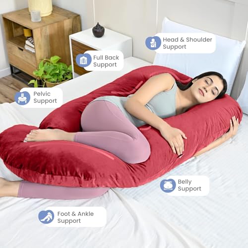 Image of G-Shaped Sleeping Pregnancy Pillow| Removable Velvet Covers| PregnoCare Fibres| Baby Shower Gift, Maternity, Nursing| Full Body Soft-Support Bump, Head, Back, Shoulder, Hips, Legs and Belly (Red)