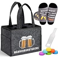 Alishomtll Bier Geschenke Flaschentasche für Männer, Filz Männerhandtasche Bier 6 Flaschen, Bierfest Vatertag Geburtstag Herrenhandtasche mit Flaschenöffner, Bier Socken, Flaschenverschluss, Grau